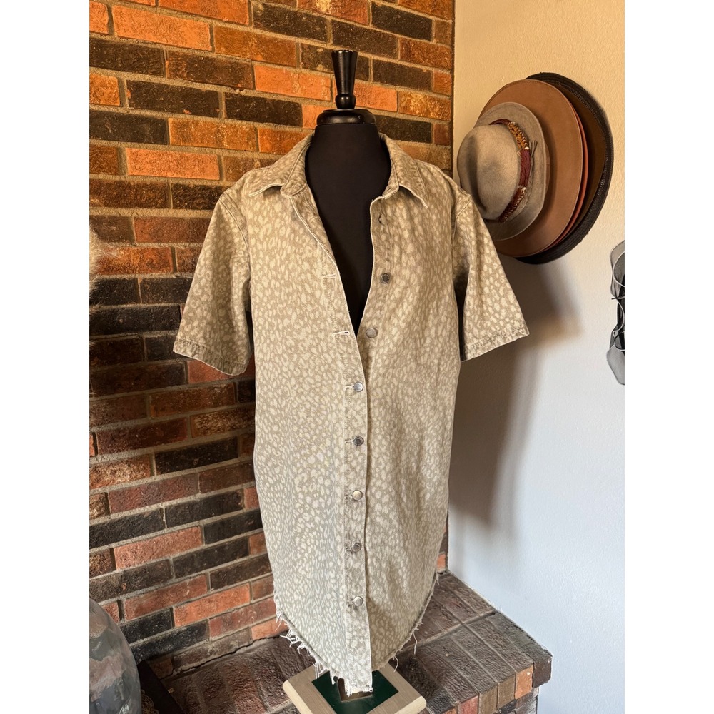 Universal Thread Leopard Denim Shirt Dress Tan Short Sleeve Button Front XL